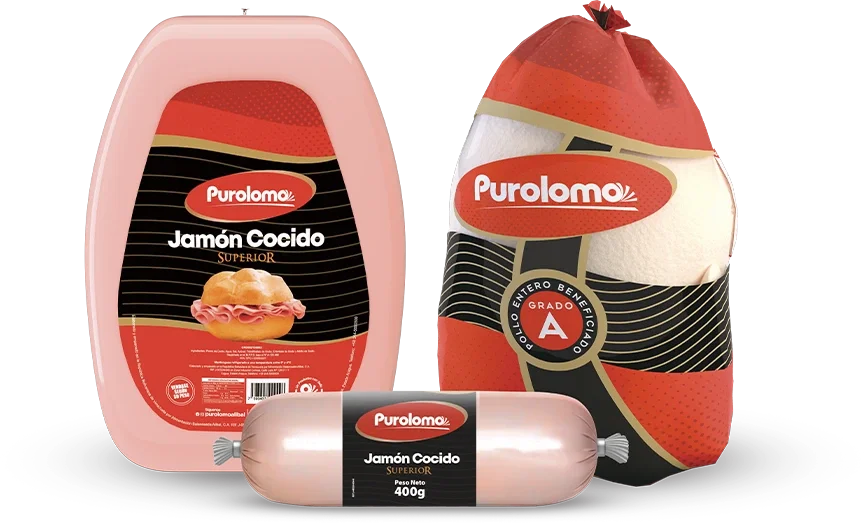 Pollo entero y jamón cocido superior Purolomo en sus empaques